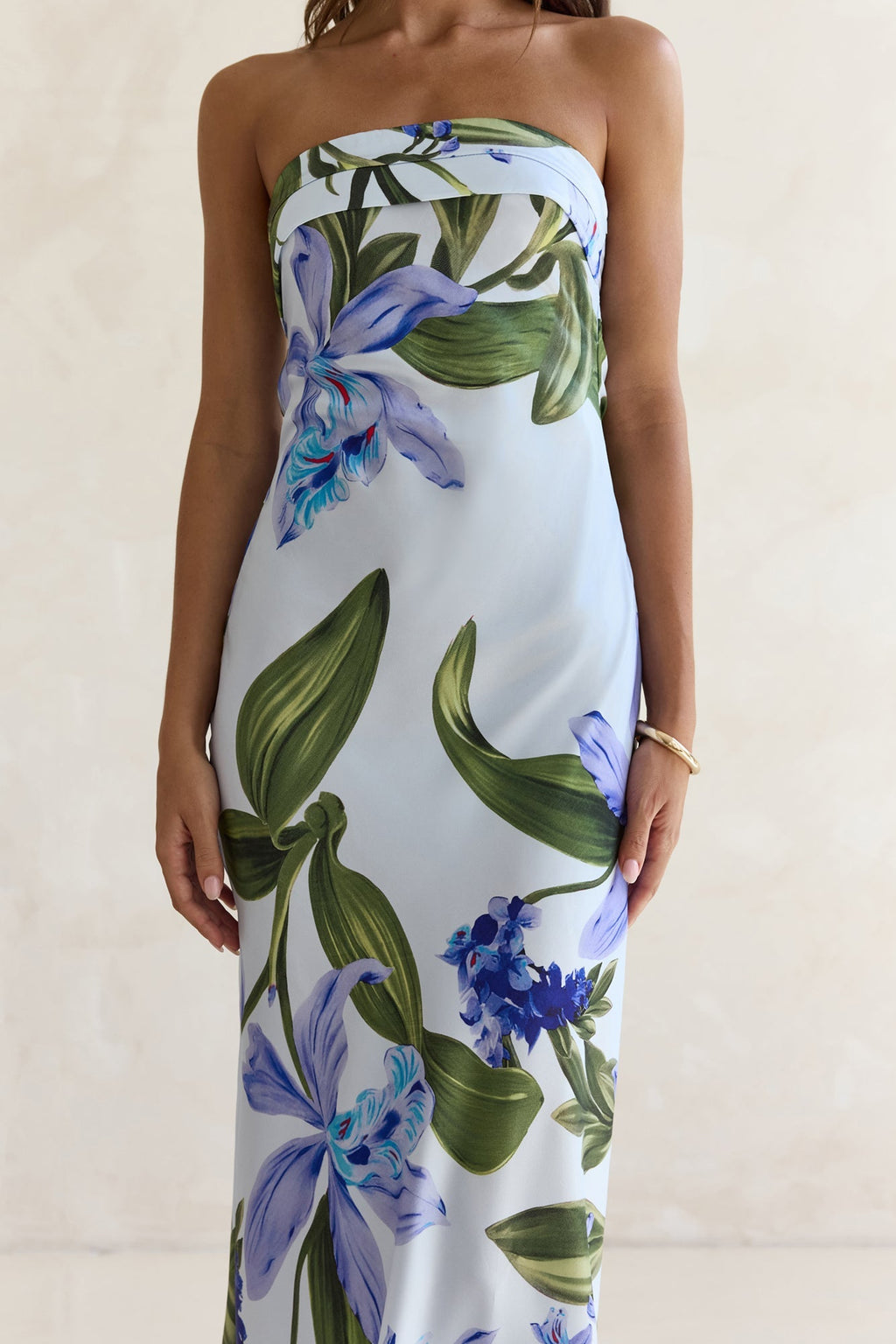 Bells Of Spring Satin Strapless Maxi Dress Blue