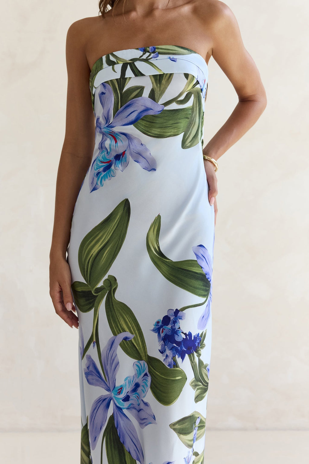 Bells Of Spring Satin Strapless Maxi Dress Blue