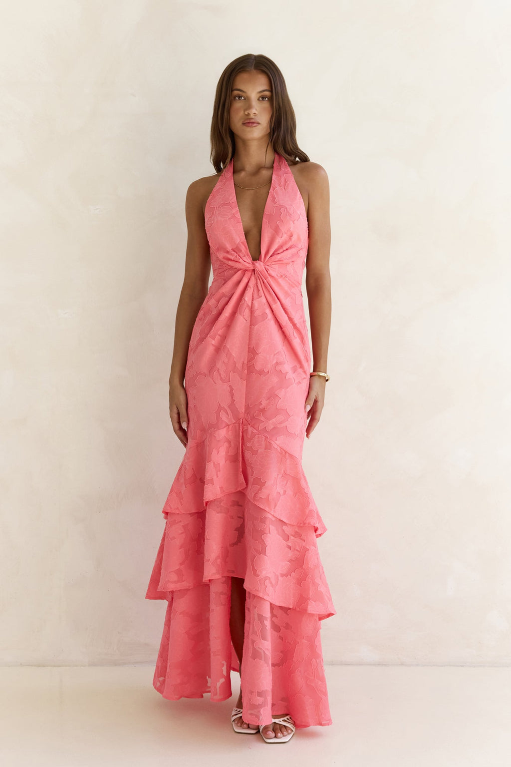 Heartbeat Haze Halter Maxi Dress Coral Orange
