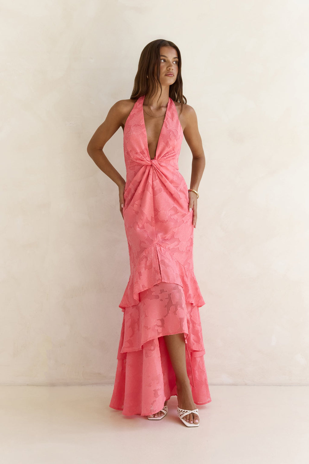 Heartbeat Haze Halter Maxi Dress Coral Orange