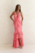 Heartbeat Haze Halter Maxi Dress Coral Orange