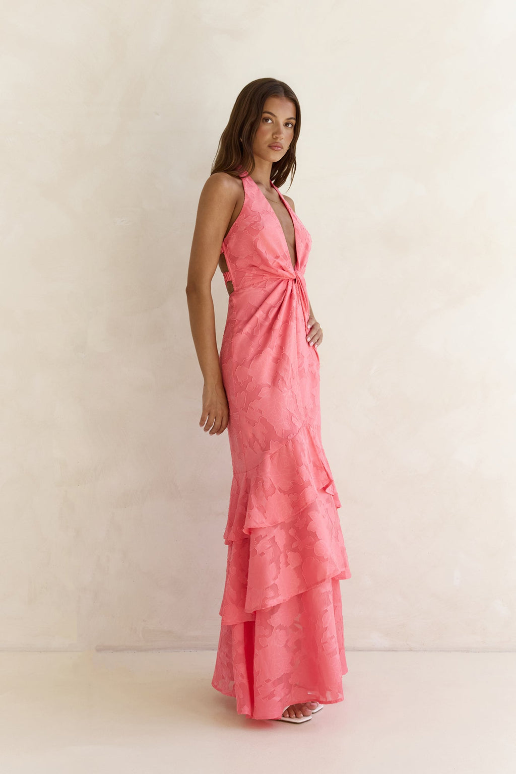 Heartbeat Haze Halter Maxi Dress Coral Orange