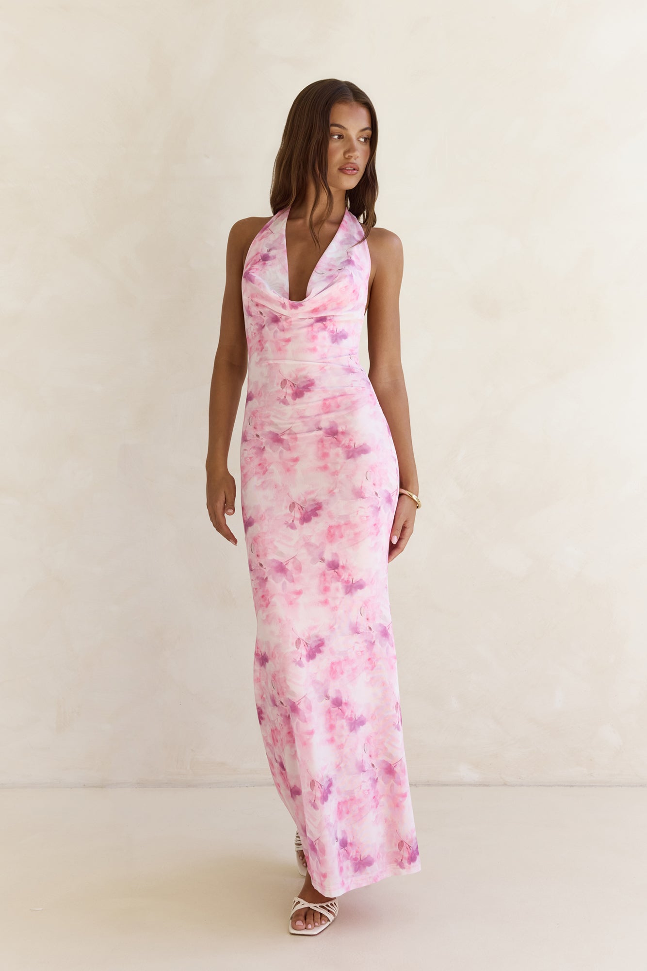 Blooming Loves Mesh Halter Maxi Dress Pink