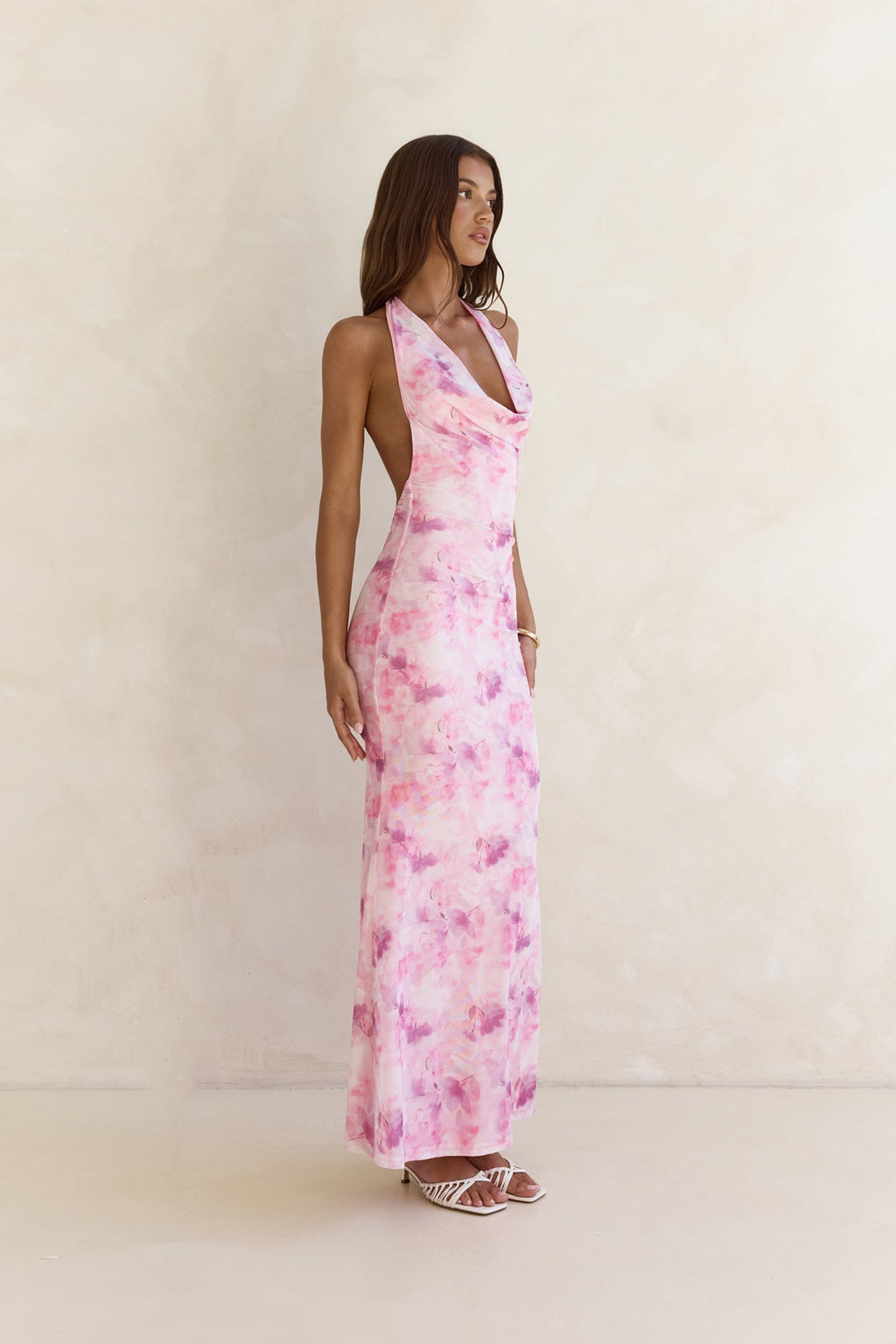 Blooming Loves Mesh Halter Maxi Dress Pink