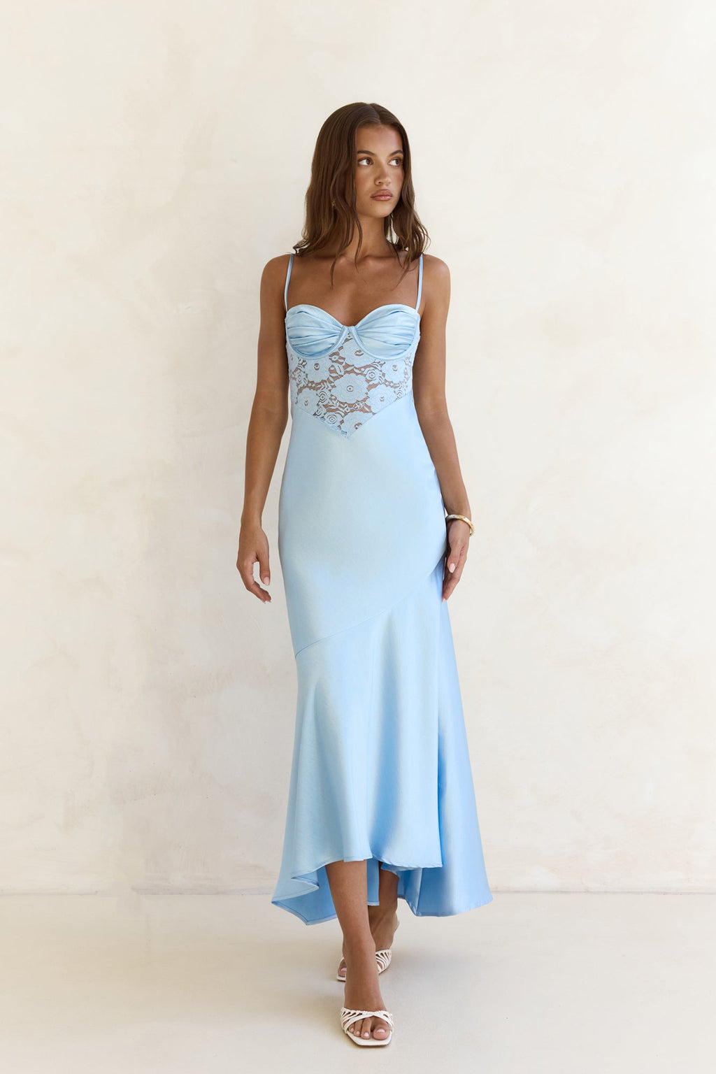 Sky Of Stars Lace Satin Maxi Dress Blue
