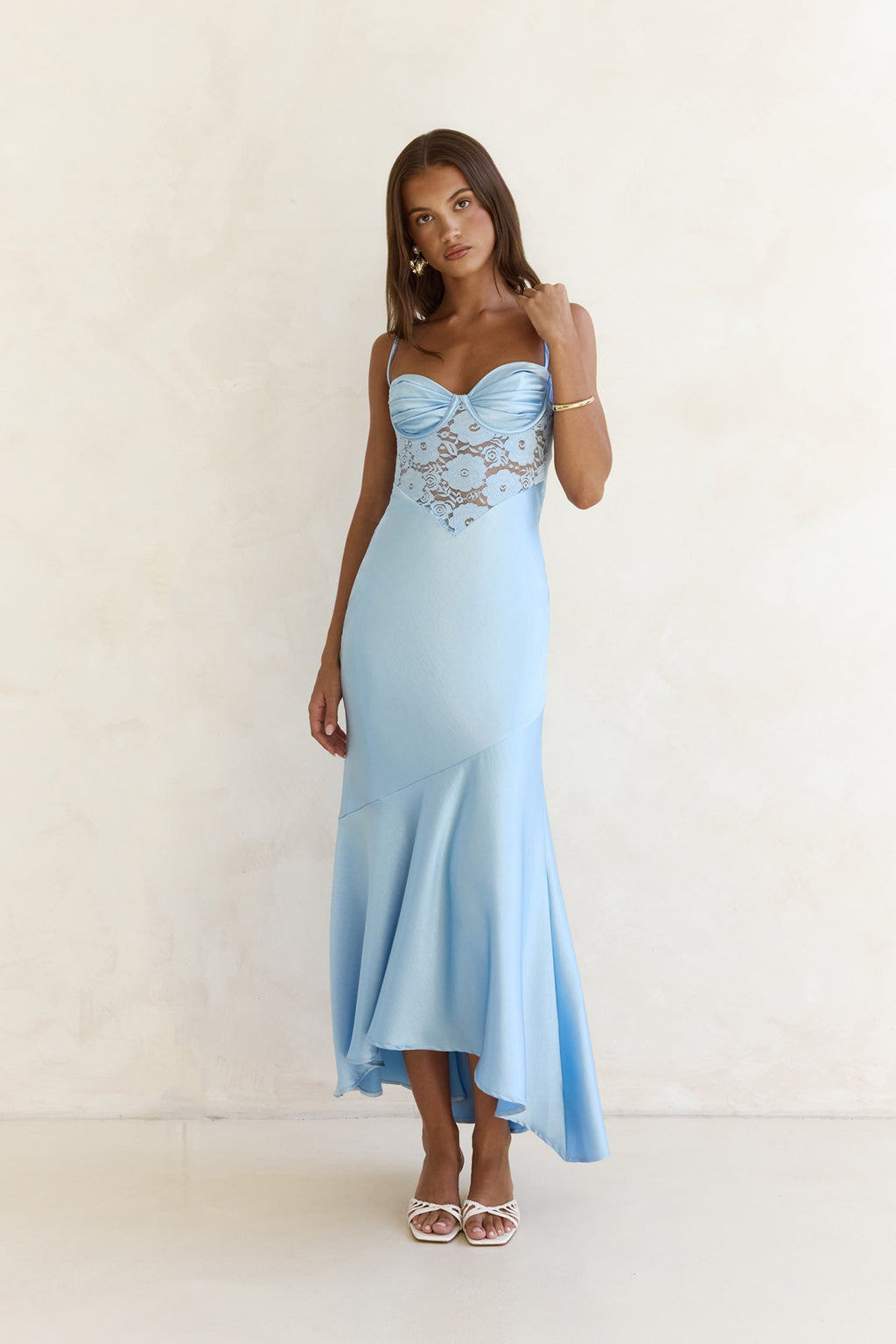Sky Of Stars Lace Satin Maxi Dress Blue