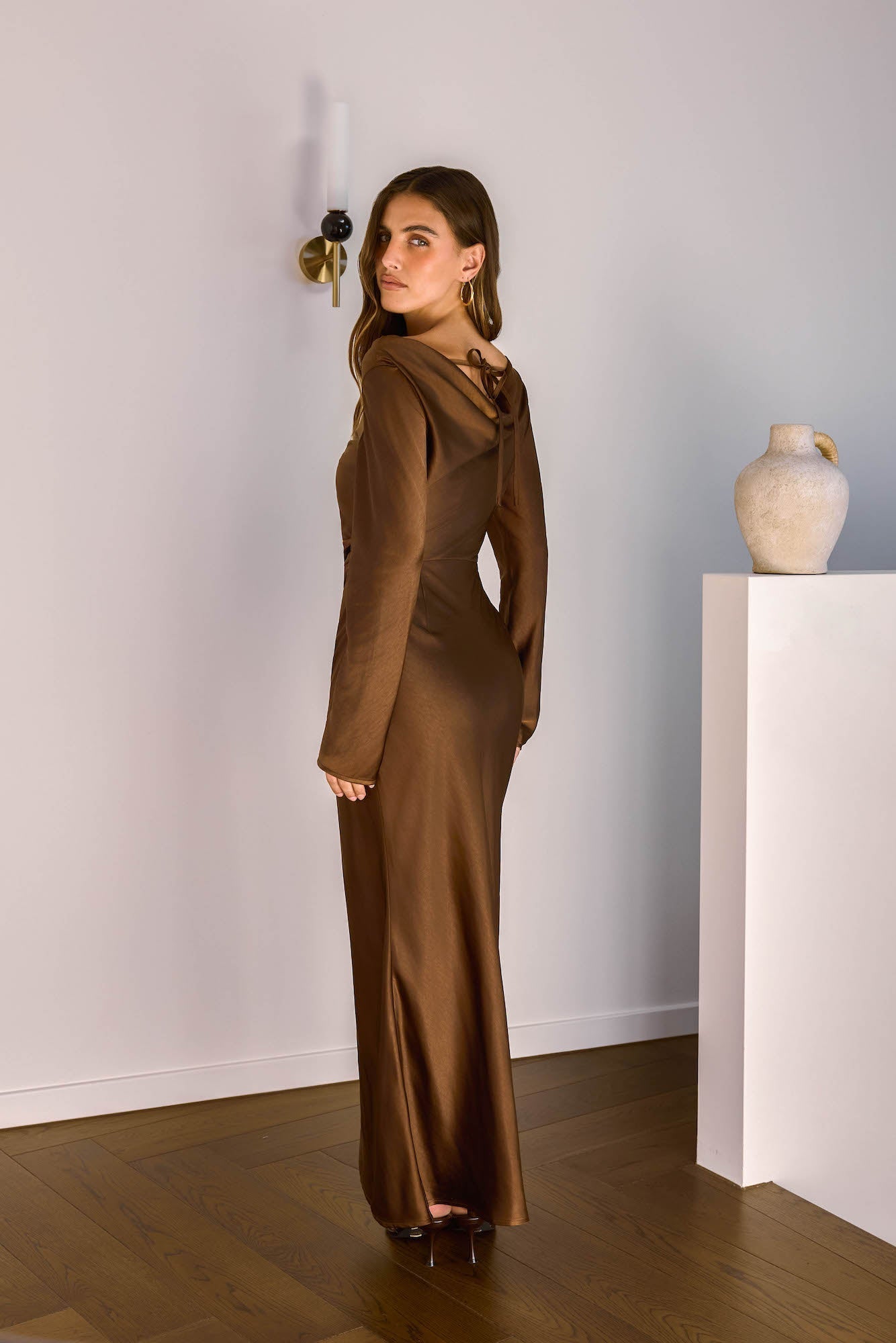 Cross The Skies Satin Long Sleeve Maxi Dress Brown