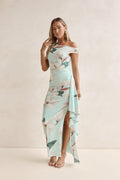 Case Of Flowers Off Shoulder Mesh Maxi Dress Mint