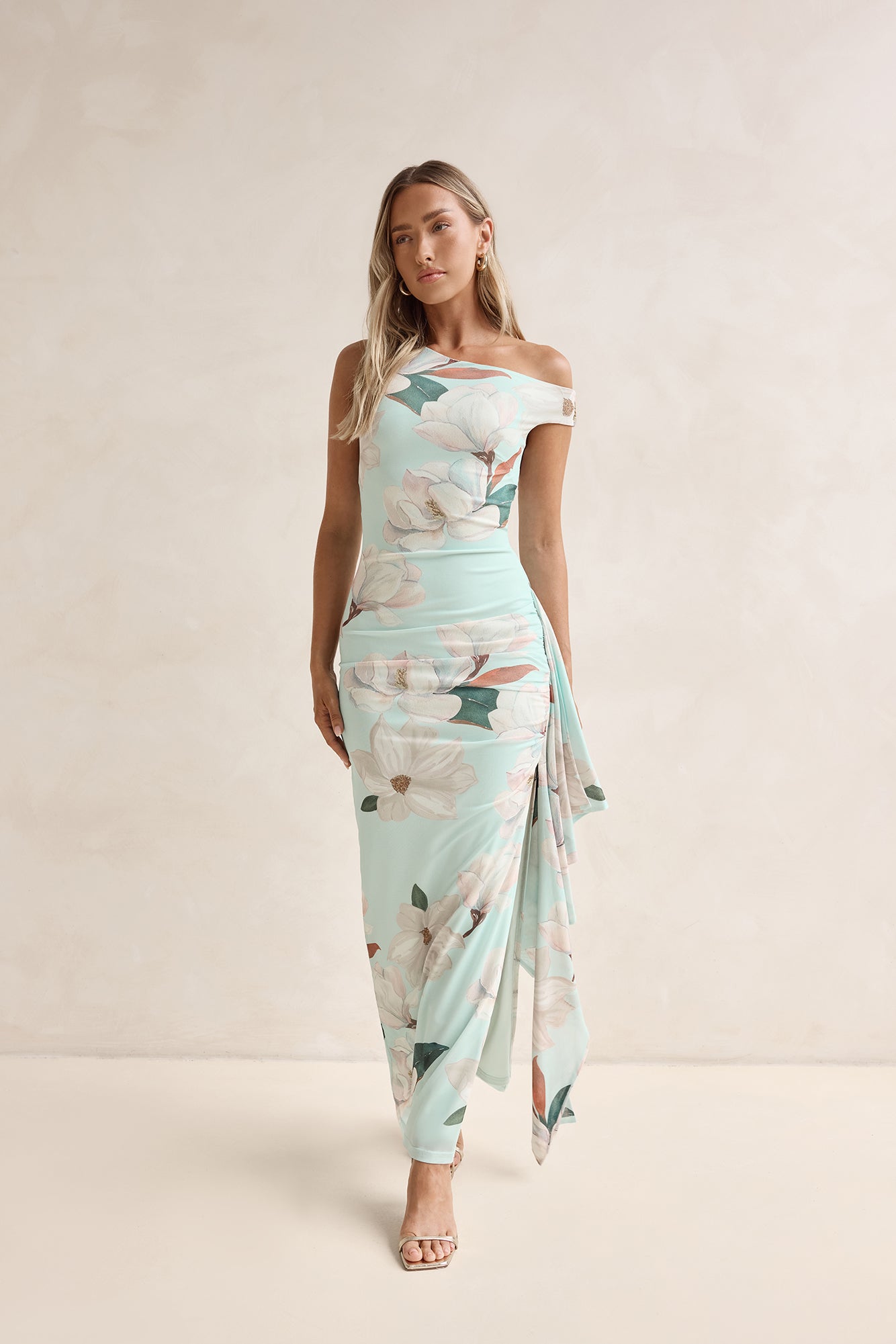 Case Of Flowers Off Shoulder Mesh Maxi Dress Mint