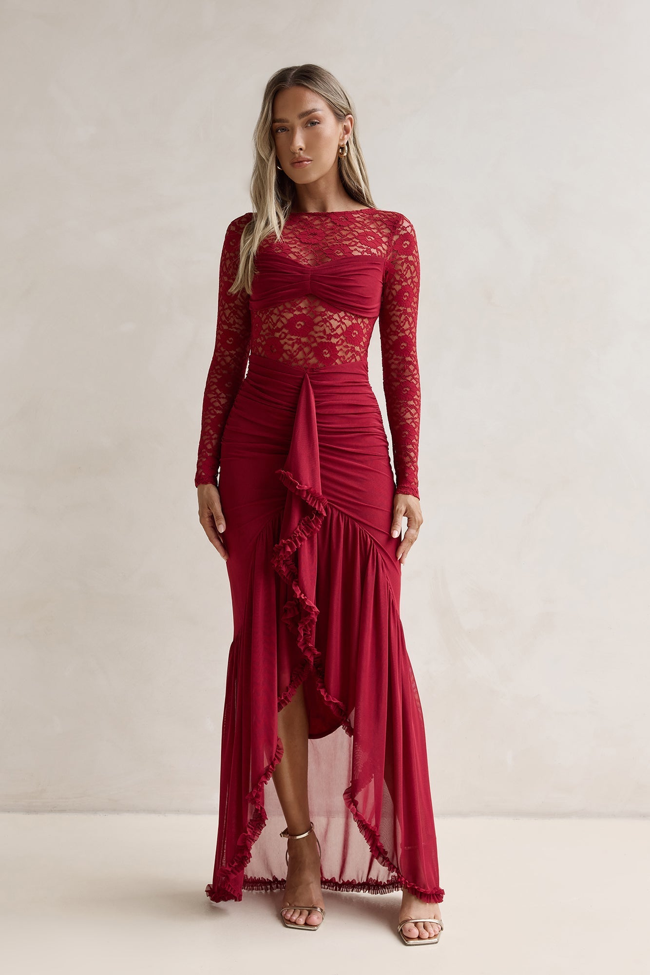 Flirtation Hour Lace Long Sleeve Maxi Dress Burgundy