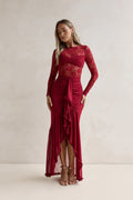 Flirtation Hour Lace Long Sleeve Maxi Dress Burgundy