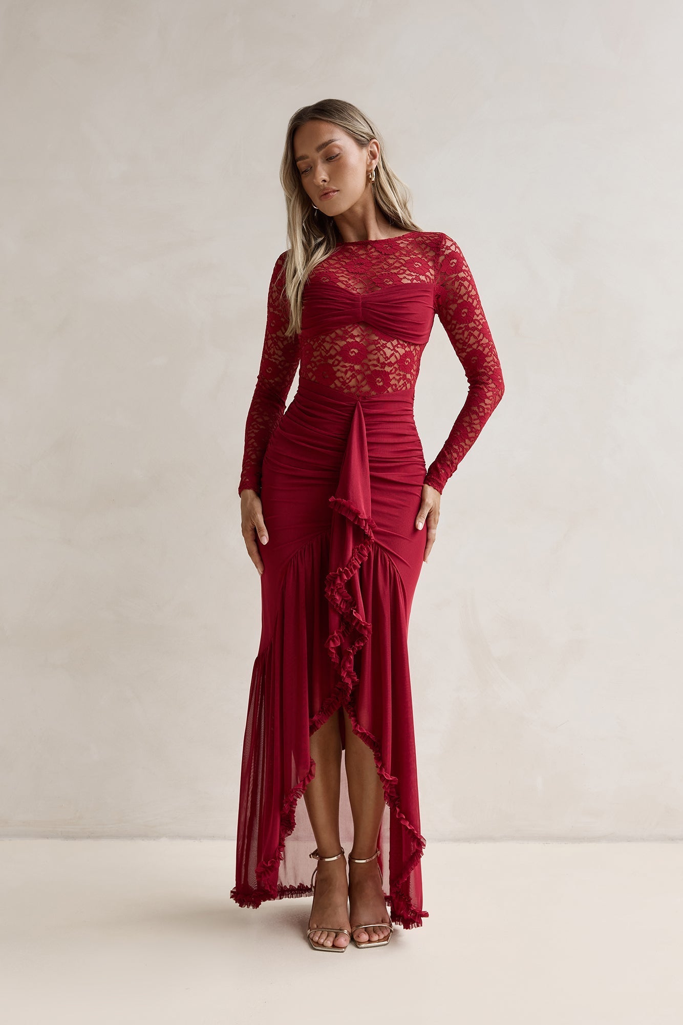 Flirtation Hour Lace Long Sleeve Maxi Dress Burgundy