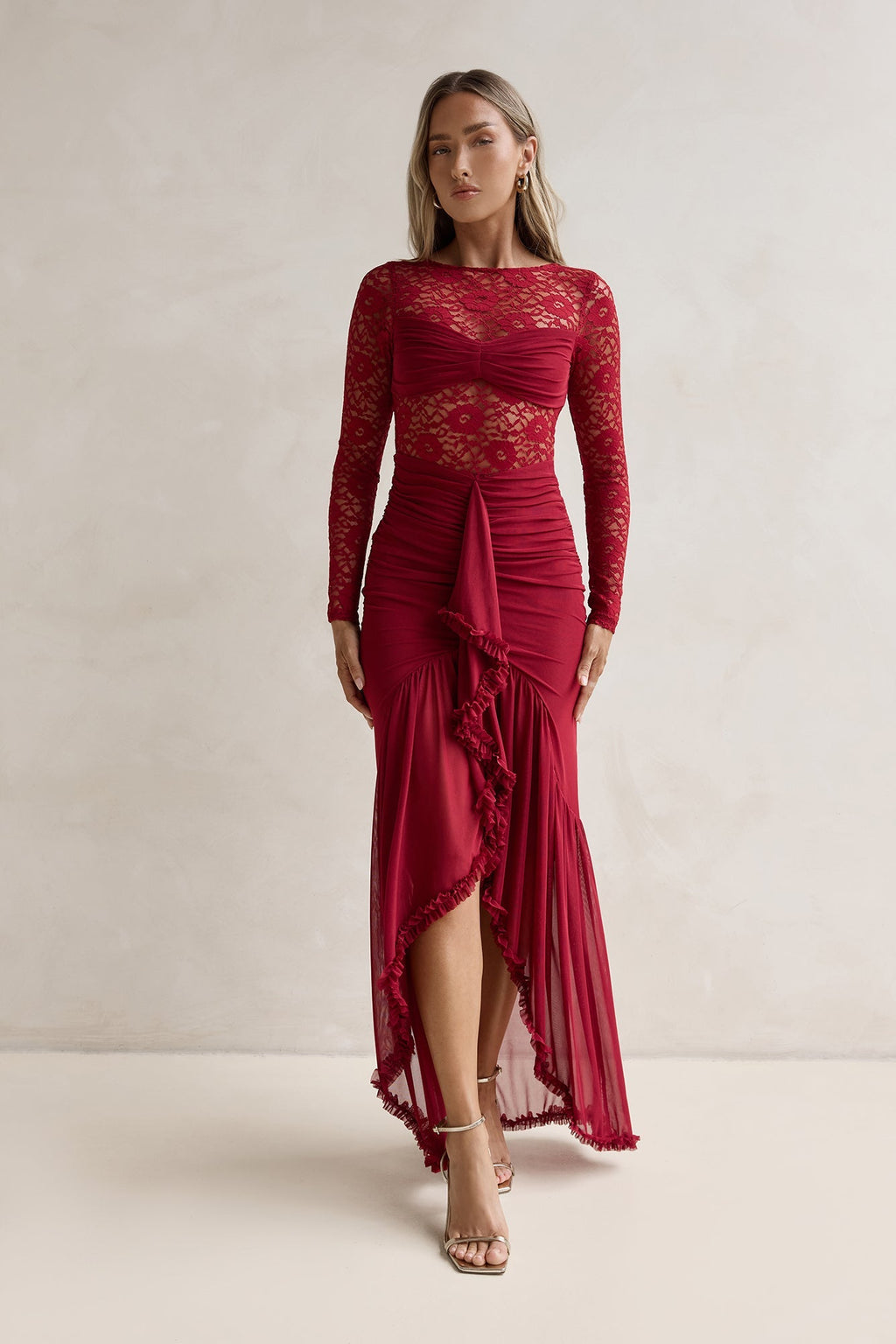 Flirtation Hour Lace Long Sleeve Maxi Dress Burgundy