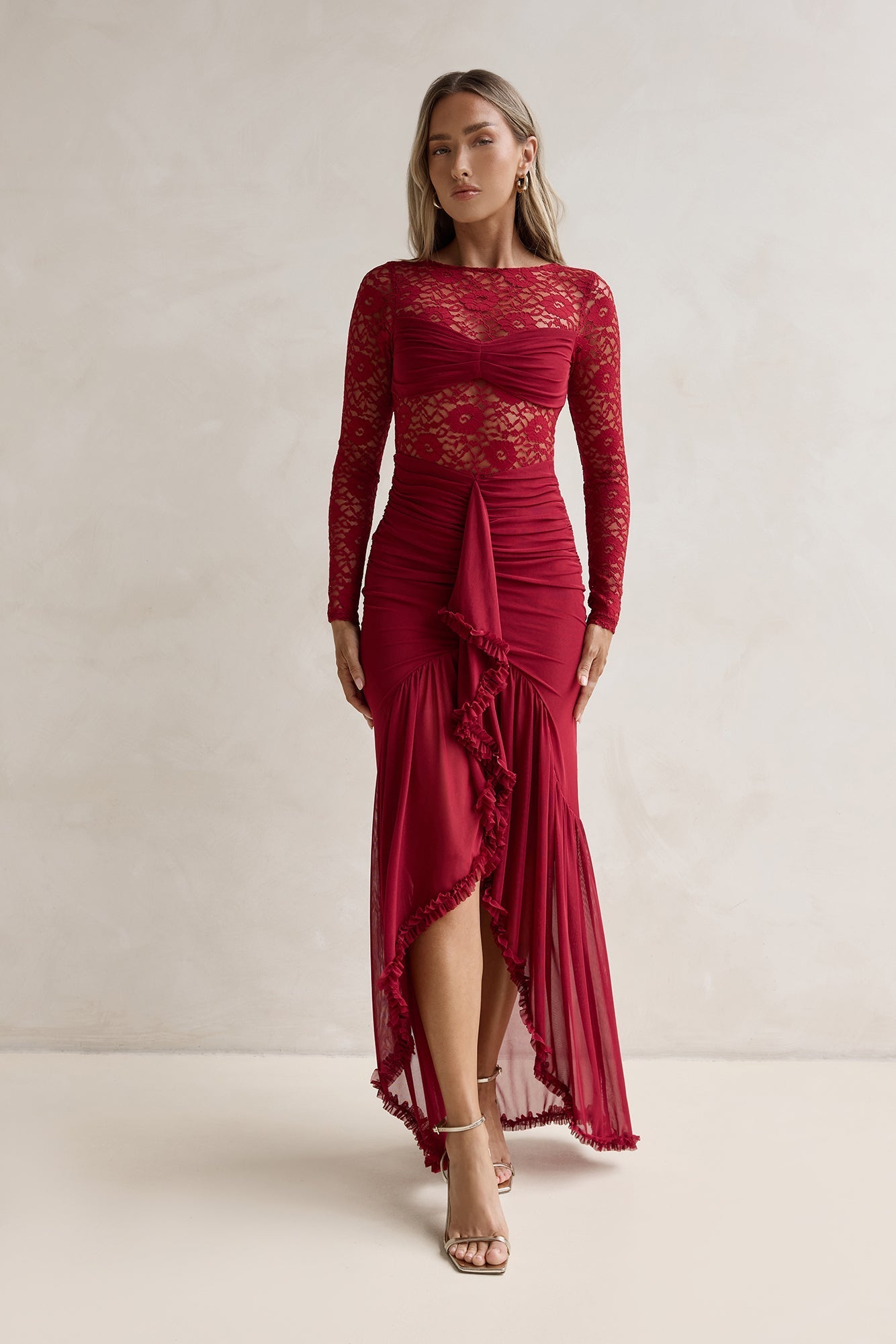 Flirtation Hour Lace Long Sleeve Maxi Dress Burgundy