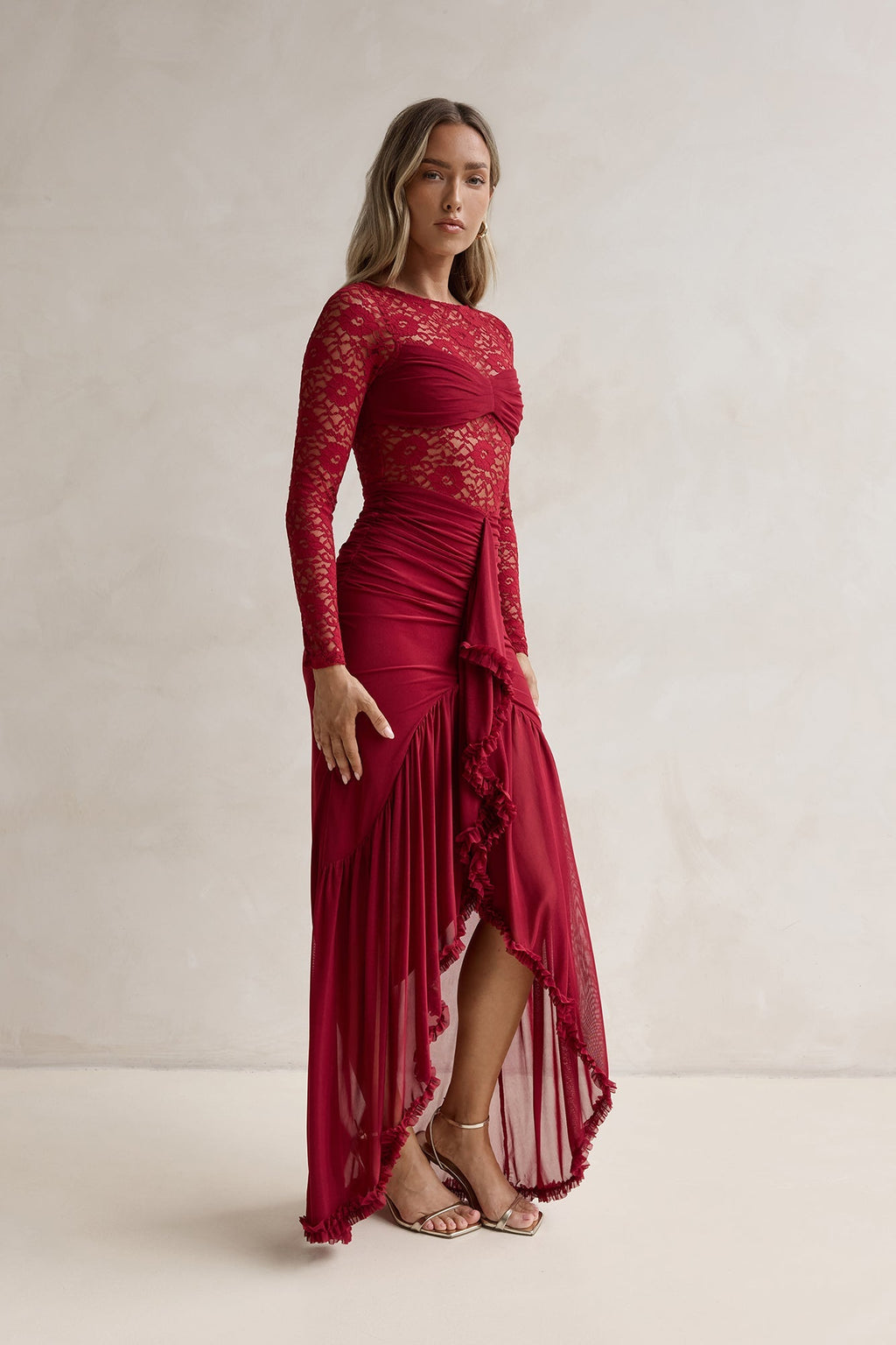 Flirtation Hour Lace Long Sleeve Maxi Dress Burgundy