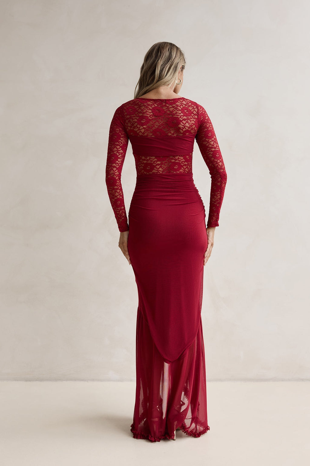 Flirtation Hour Lace Long Sleeve Maxi Dress Burgundy