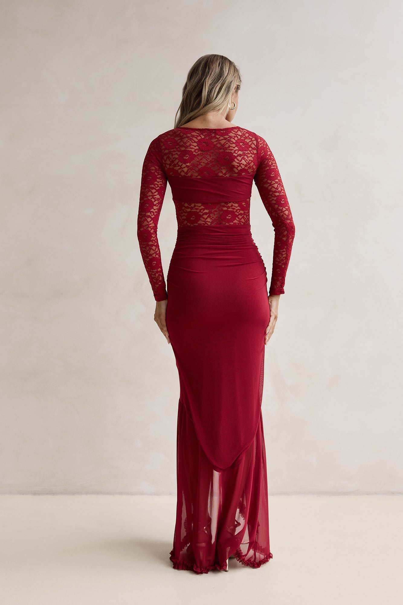 Flirtation Hour Lace Long Sleeve Maxi Dress Burgundy