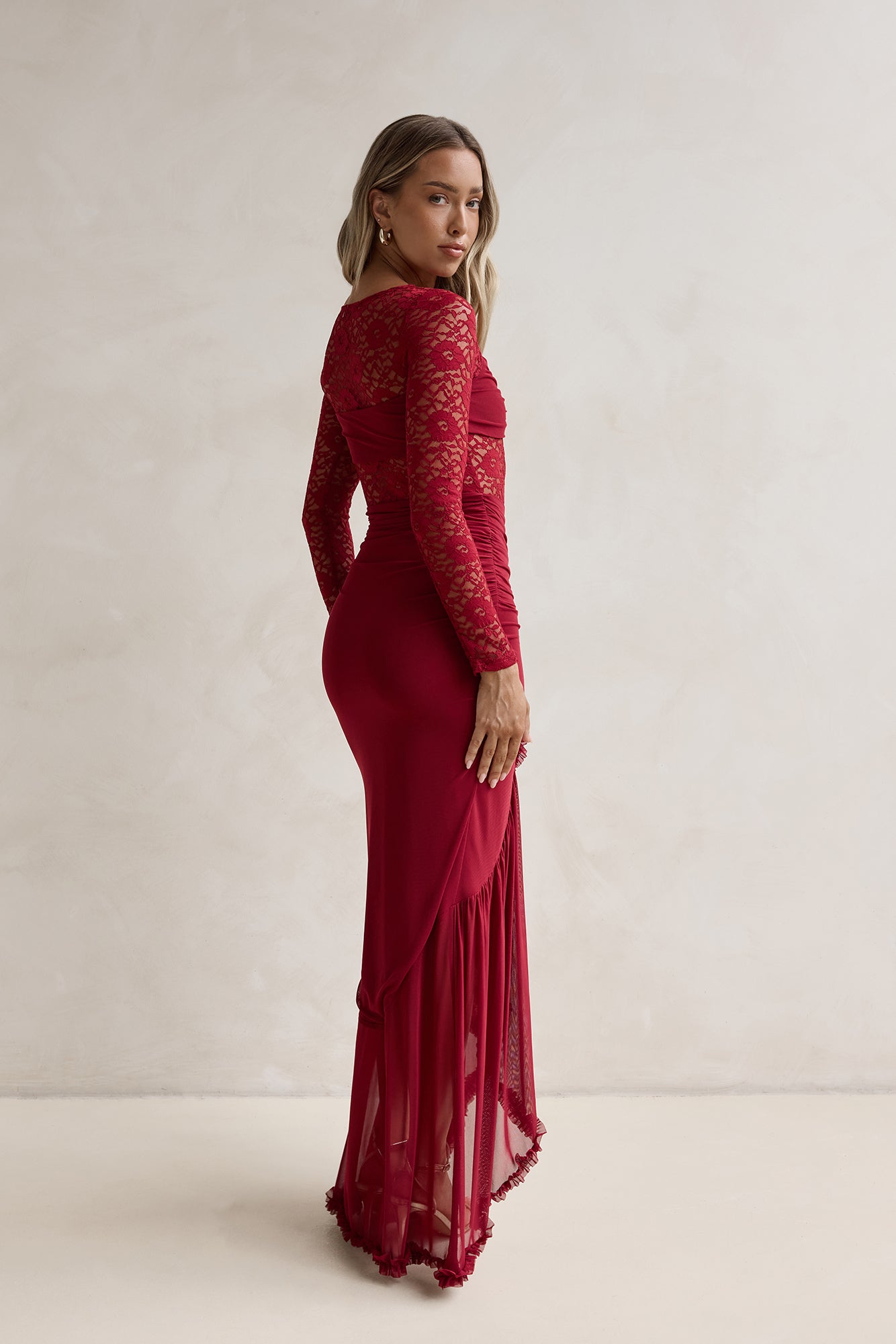 Flirtation Hour Lace Long Sleeve Maxi Dress Burgundy