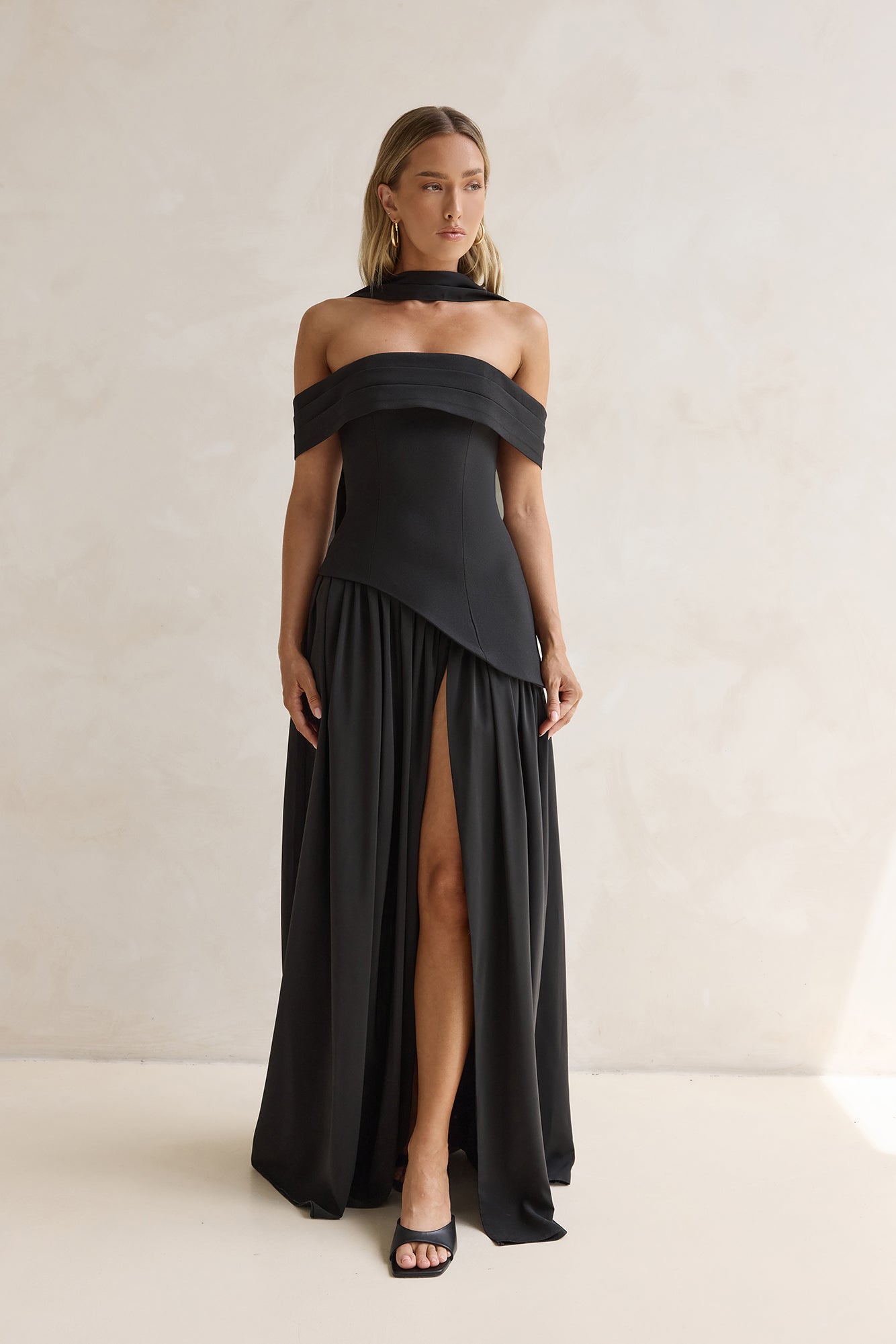 Midnight Elegance Off Shoulder Maxi Dress Black