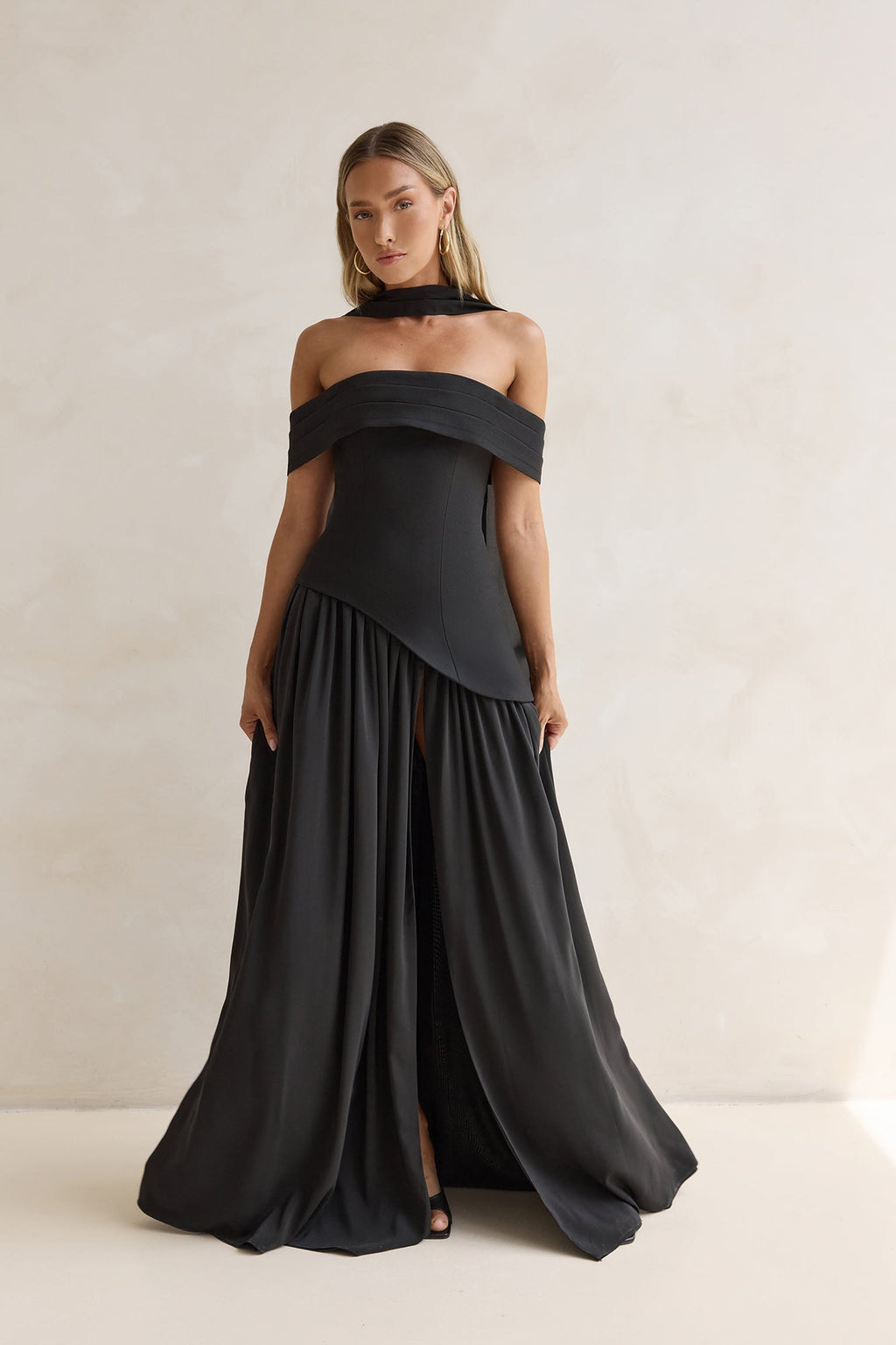Midnight Elegance Off Shoulder Maxi Dress Black