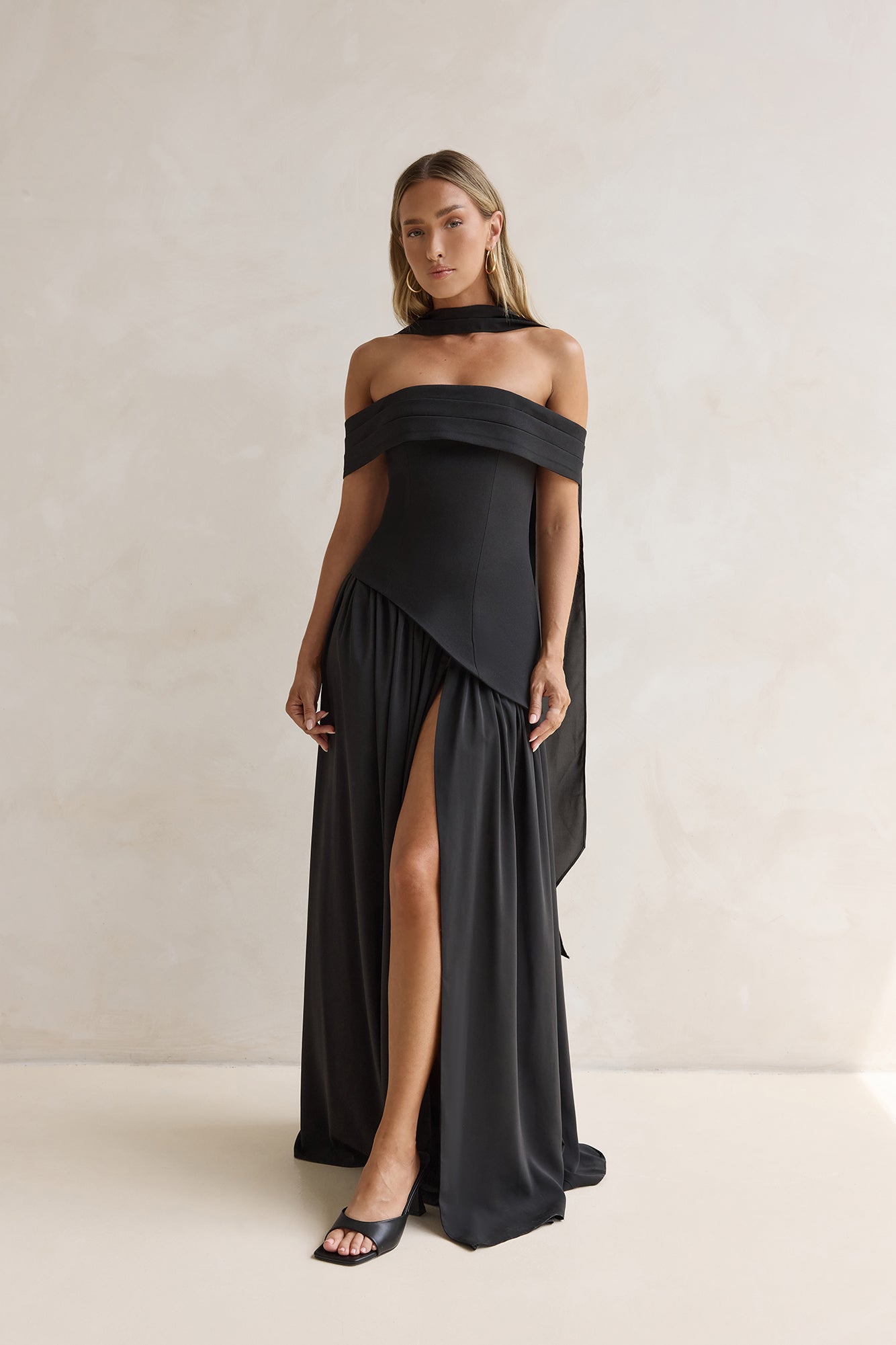 Midnight Elegance Off Shoulder Maxi Dress Black
