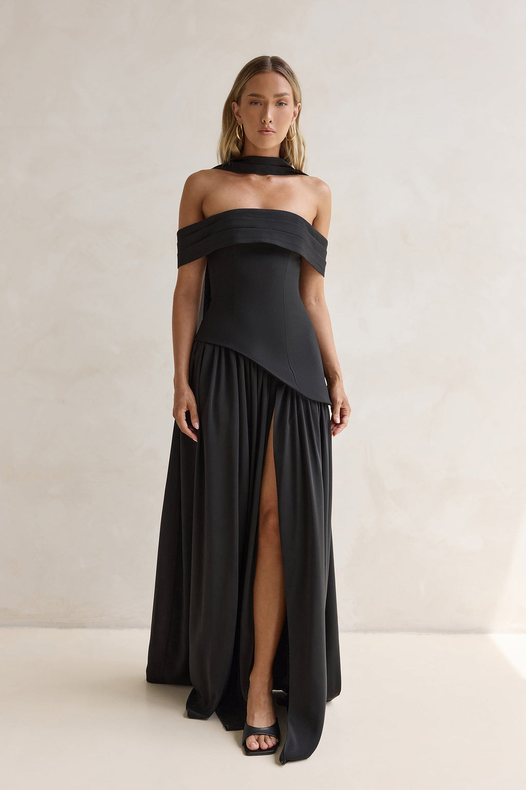 Midnight Elegance Off Shoulder Maxi Dress Black