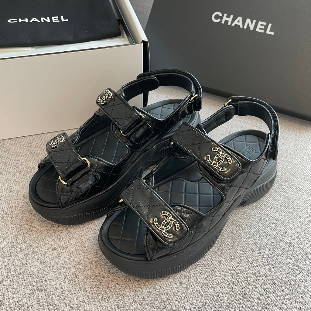 Chanel Sandals Shiny Calfskin Black White #376185