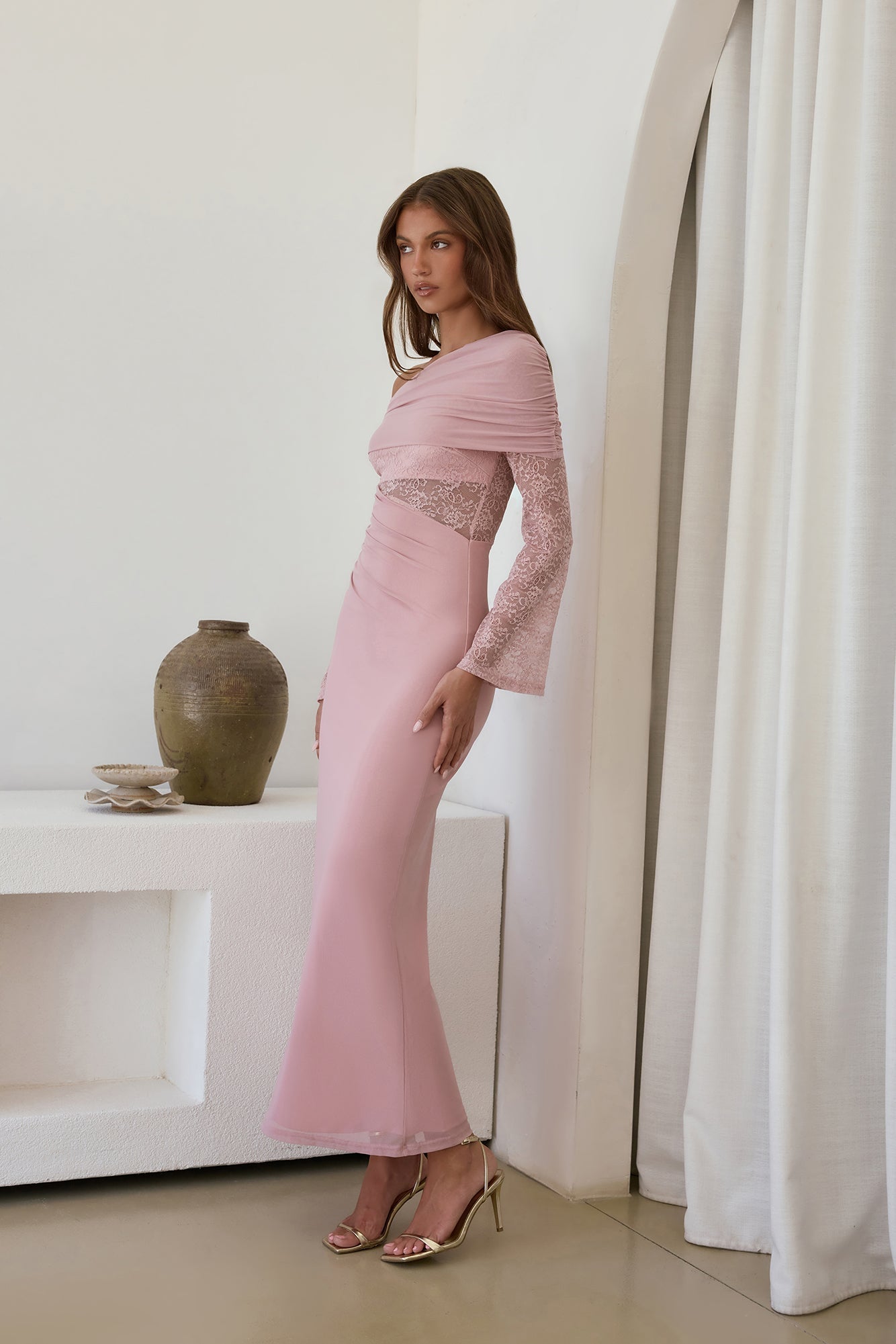 Camille Off Shoulder Mesh Maxi Dress Pink