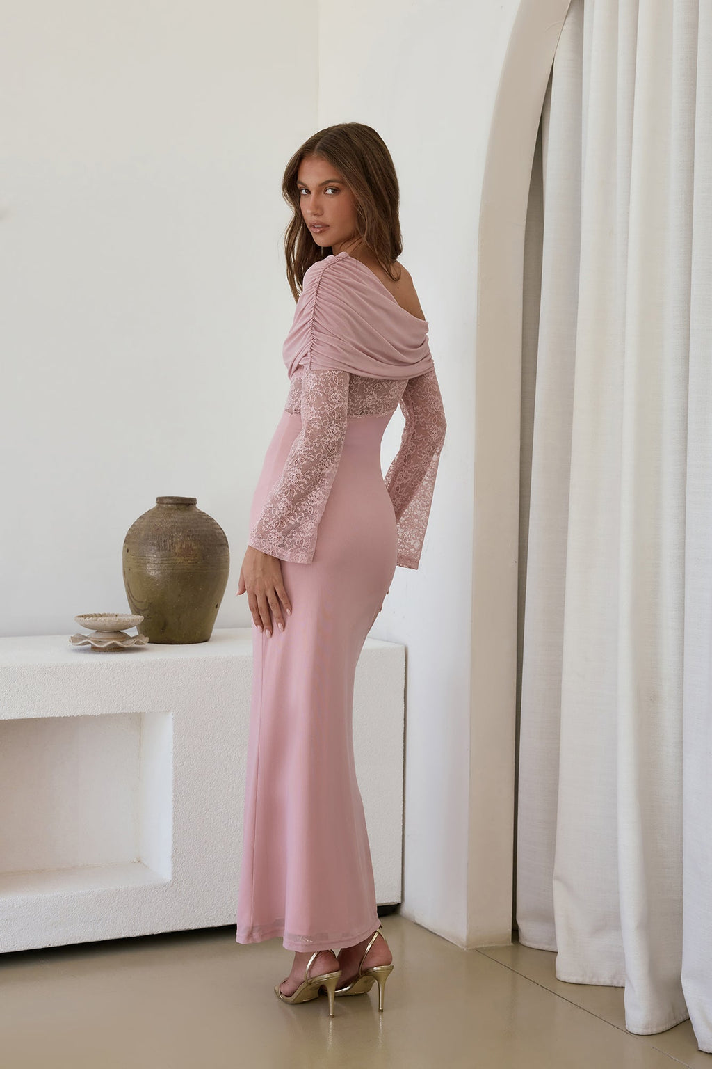 Camille Off Shoulder Mesh Maxi Dress Pink