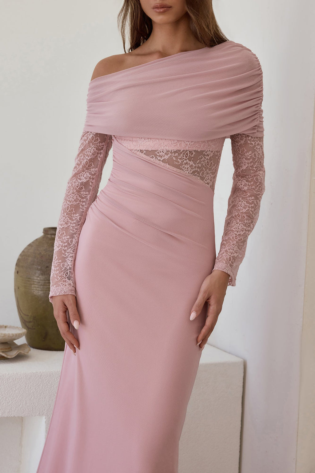 Camille Off Shoulder Mesh Maxi Dress Pink