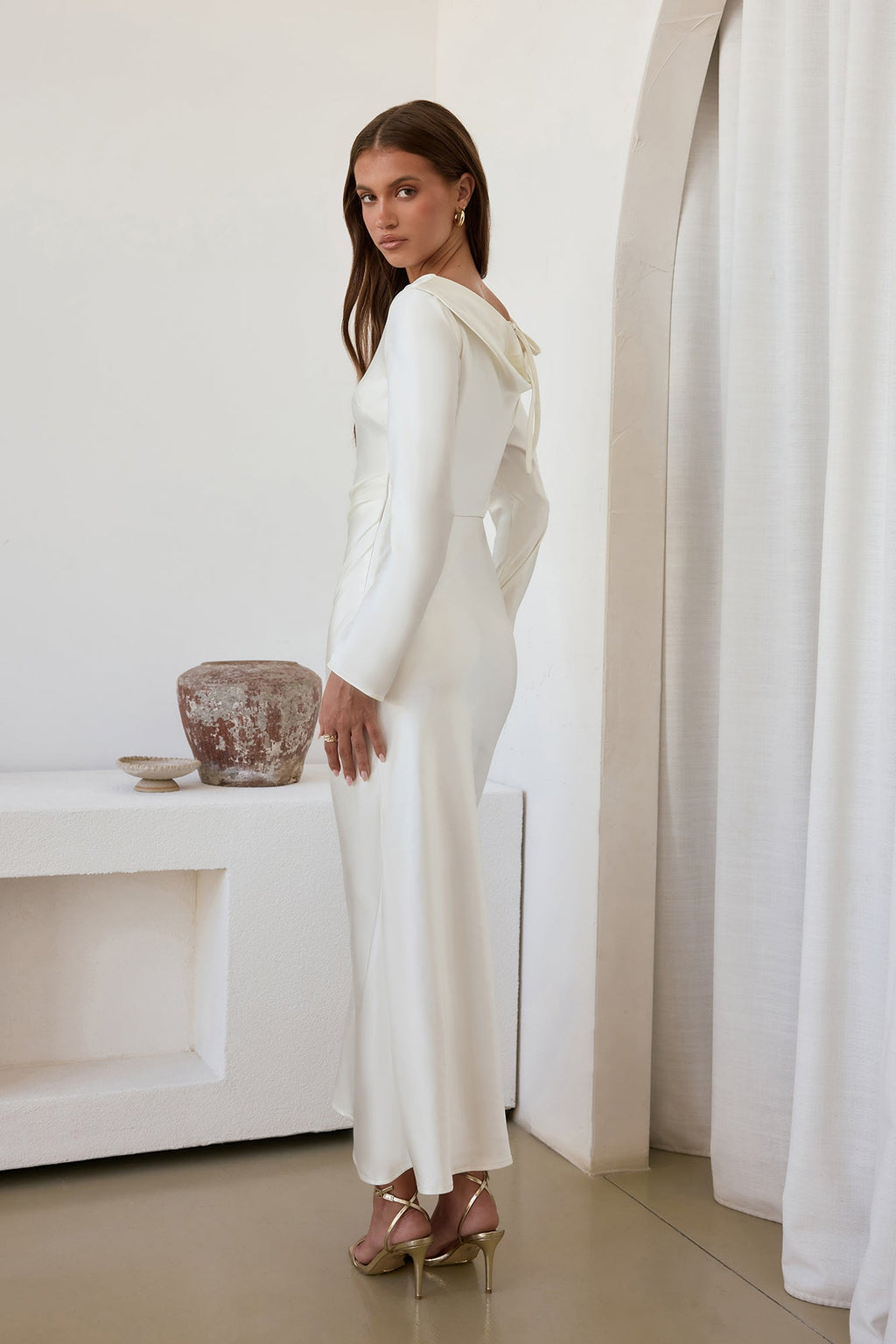 Cross The Skies Satin Long Sleeve Maxi Dress White