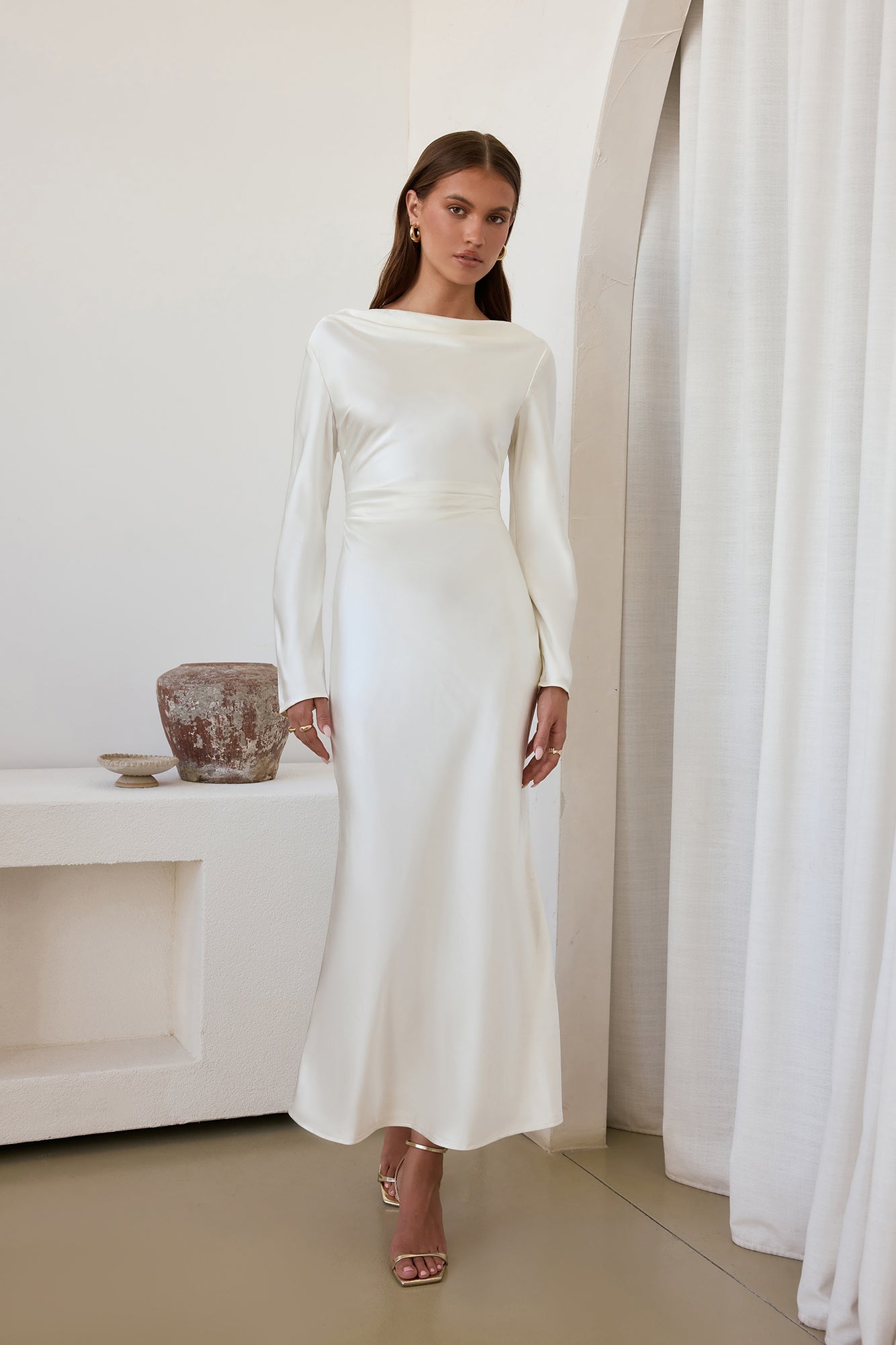 Cross The Skies Satin Long Sleeve Maxi Dress White