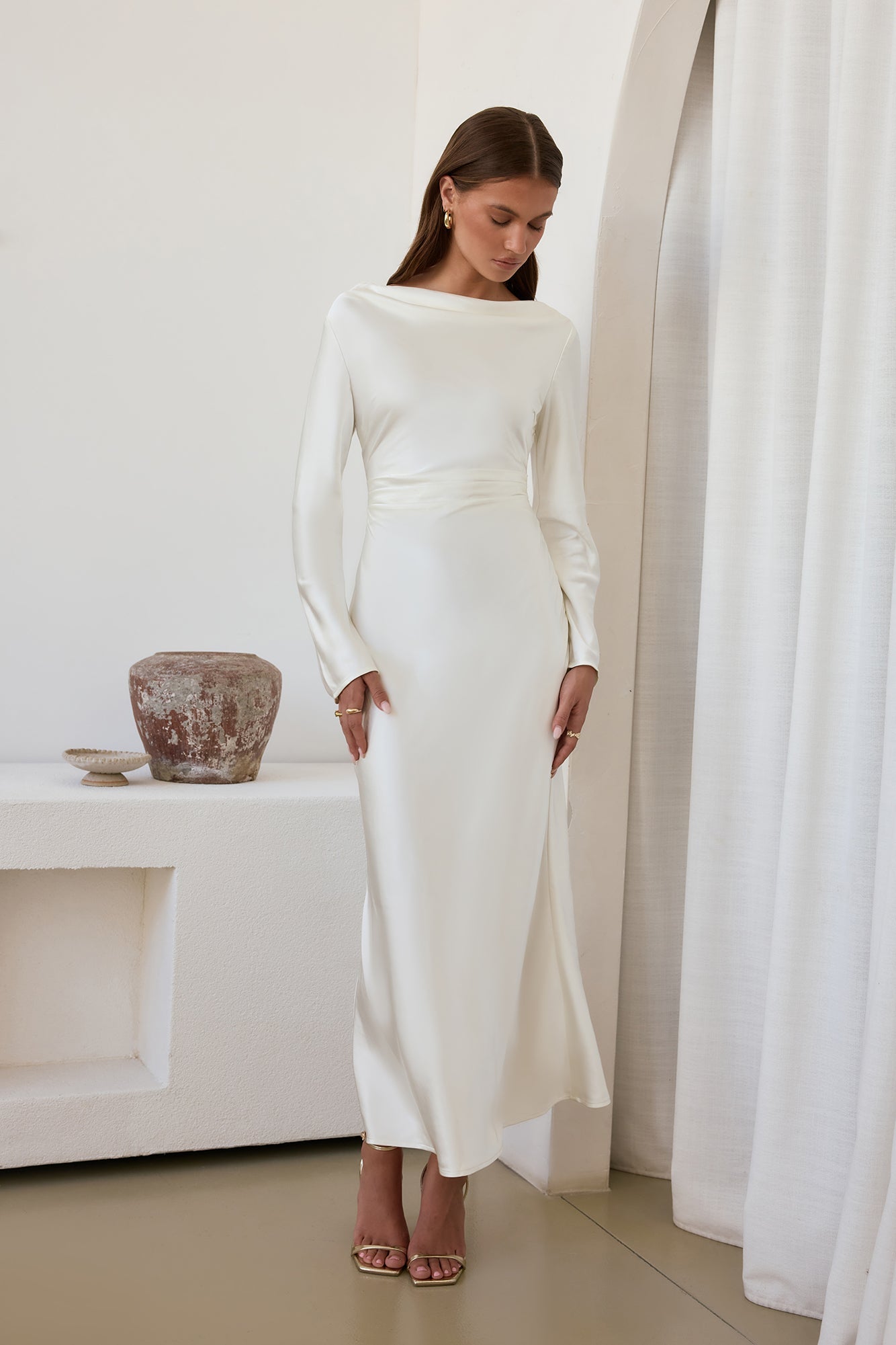 Cross The Skies Satin Long Sleeve Maxi Dress White