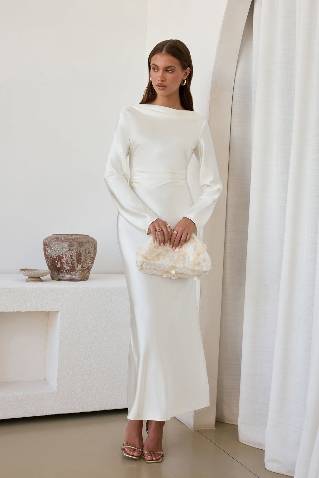 Cross The Skies Satin Long Sleeve Maxi Dress White