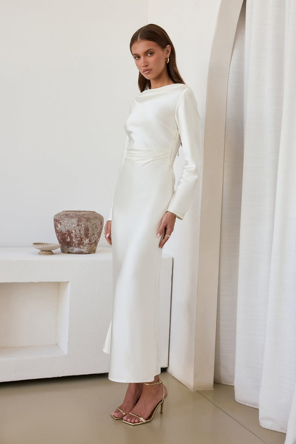 Cross The Skies Satin Long Sleeve Maxi Dress White