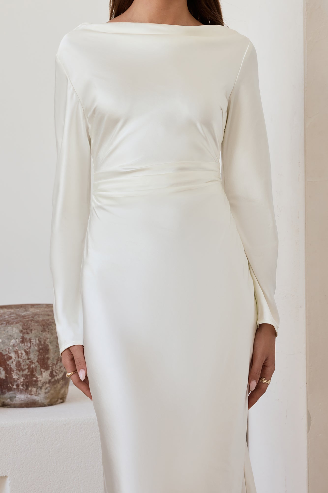 Cross The Skies Satin Long Sleeve Maxi Dress White