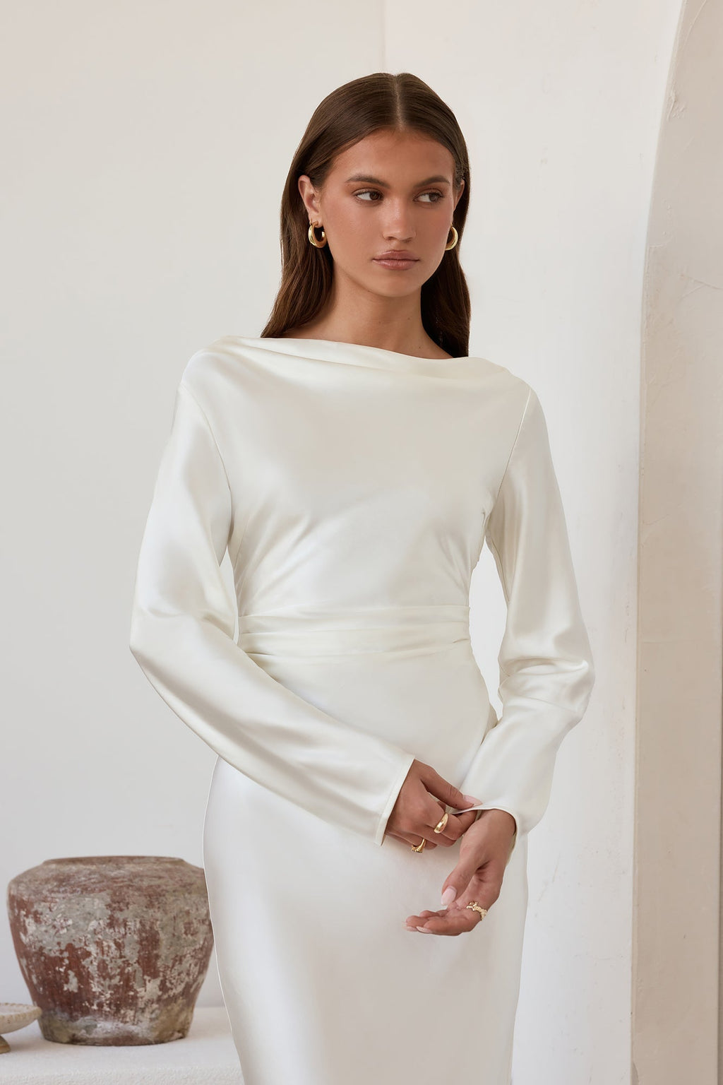 Cross The Skies Satin Long Sleeve Maxi Dress White