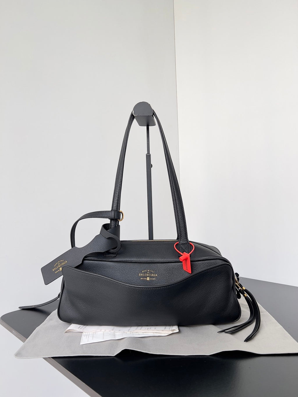Balenciaga Men's Carrie Black Cowhide Small Bowling Bag with Aged Gold Metallic Accessories Handbag Bags #76257