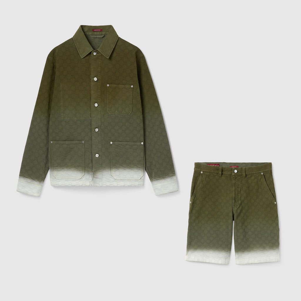 Gucci Men's Summer Fashion Casual Collared Single-Button Long Sleeve Shirt with Double G Jacquard Pattern. Paired with Casual Single Button Shorts Suit Set #78678