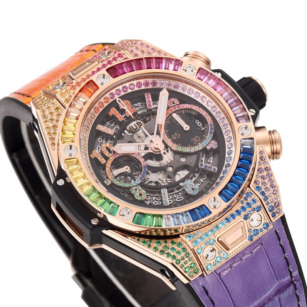Hublot Men's Automatic Mechanical Movement Date Display Chronograph Skeleton with Colorful Diamonds Watch #76264