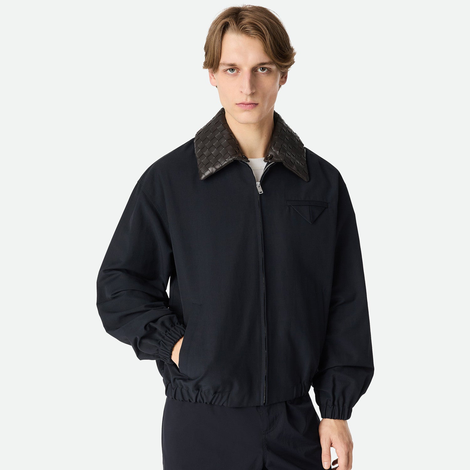 Bottega Veneta Men's Tech Cotton Zipper Woven Leather Collar Spring/Fall Solid Color Zipper Long Sleeve Jacket Ngvp #2367