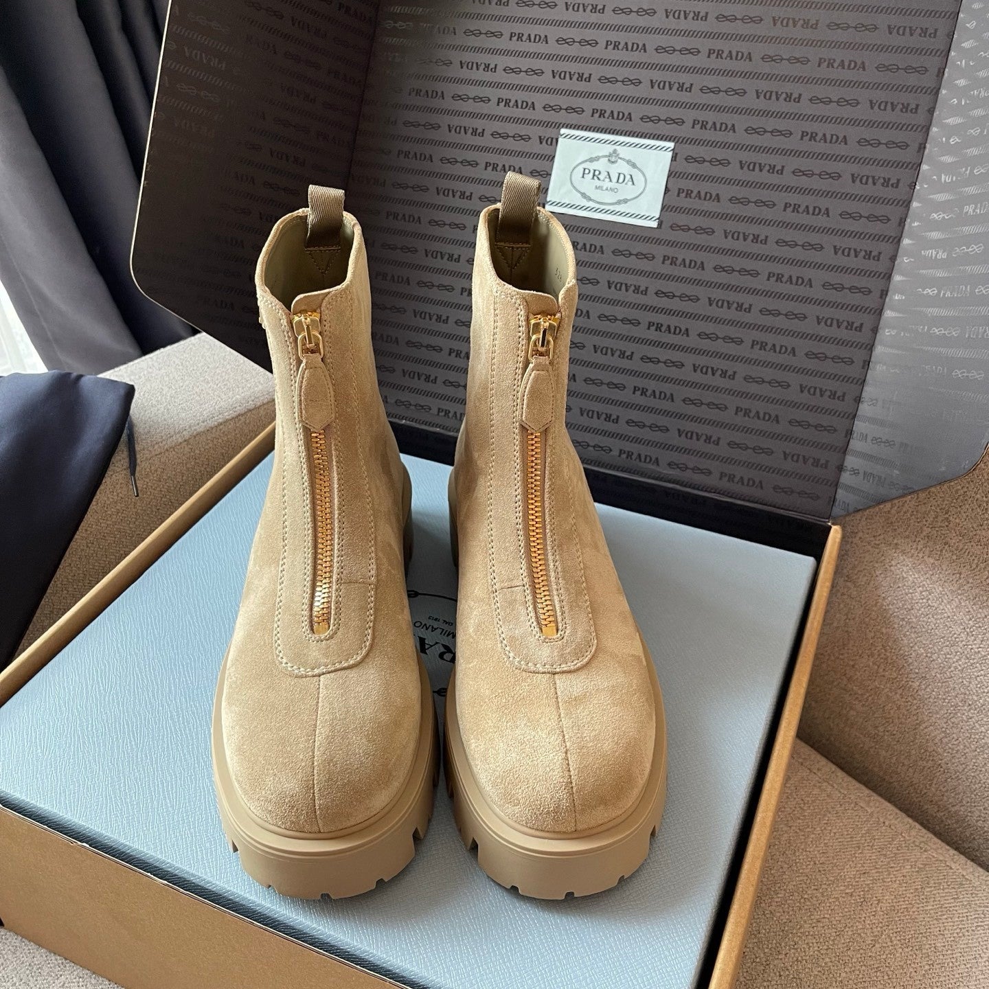 Prada Women's Fall/winter Fashion Classic Round Toe Slip On Suede Chunky Heel 4.5cm Classic Triangle Logo British Style Vintage Short Boots Shoes #79234