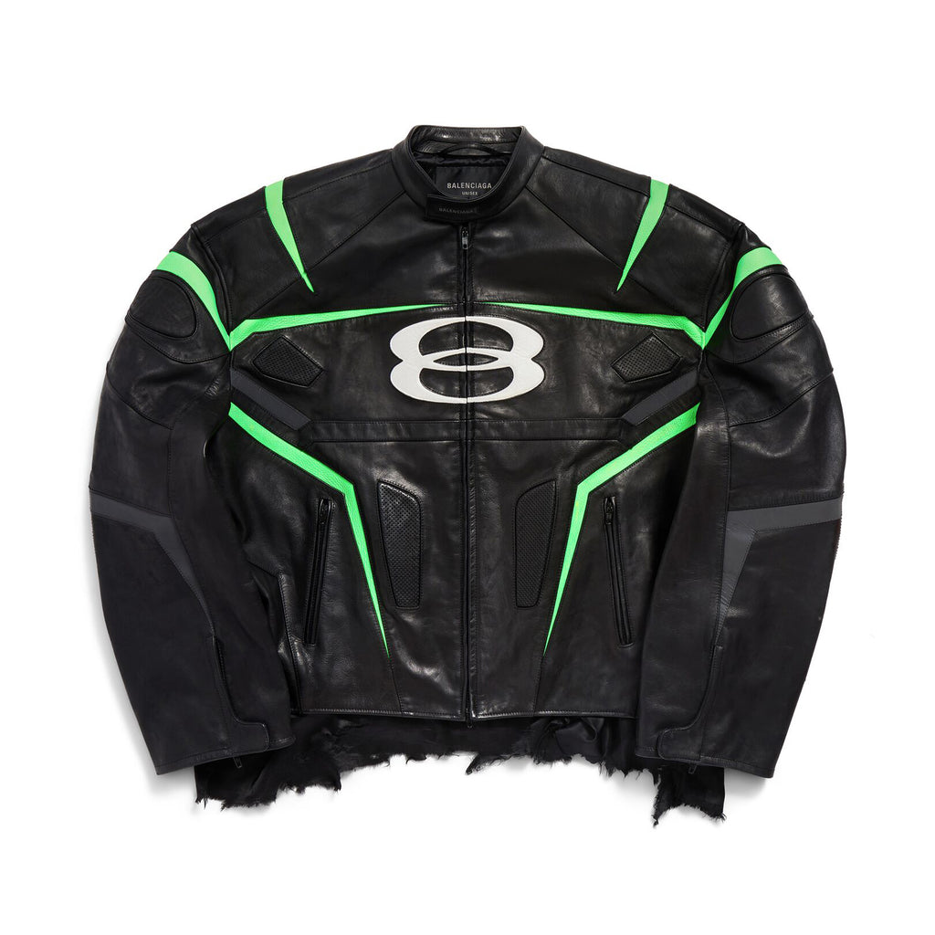 Balenciaga Men's Women's Autumn And Winter Cowhide Splicing Zipper Letters Embroidery Long Beard Loose Unity Sports Idol Black Racer Jacket Ngvp #8577