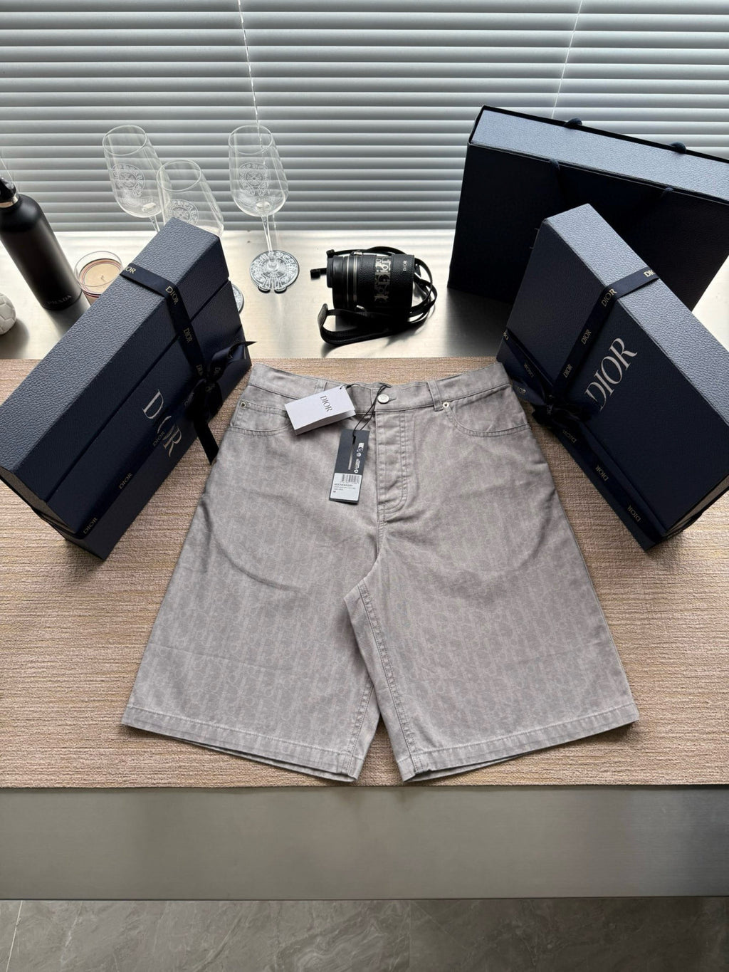 Dior Men's Spring Summer Grey Cotton Denim Oblique Printed Lapel Single Breasted Shirt Denim Straight Wide Leg Shorts Set Suit  #81256
