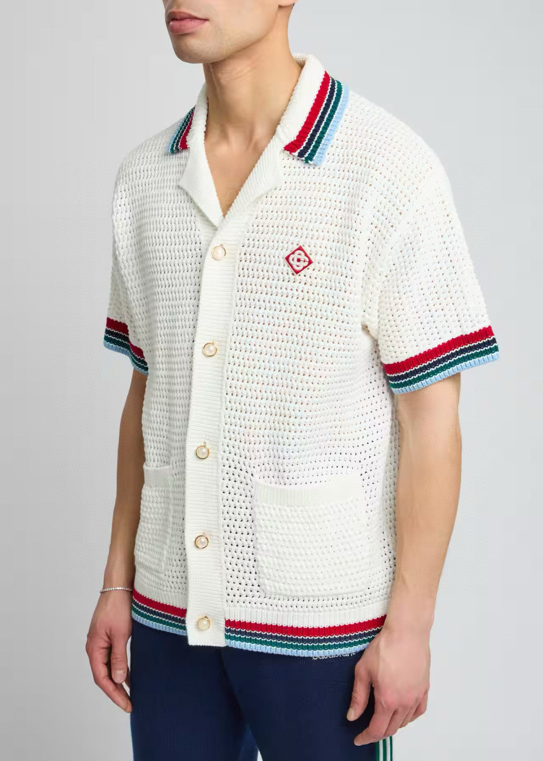 Casablanca Men's Summer Solid Color Skeleton Knit Breathable Single Breasted Short Sleeved Shirt Drawstring Tie Casual Knit Shorts Suit Set #76351