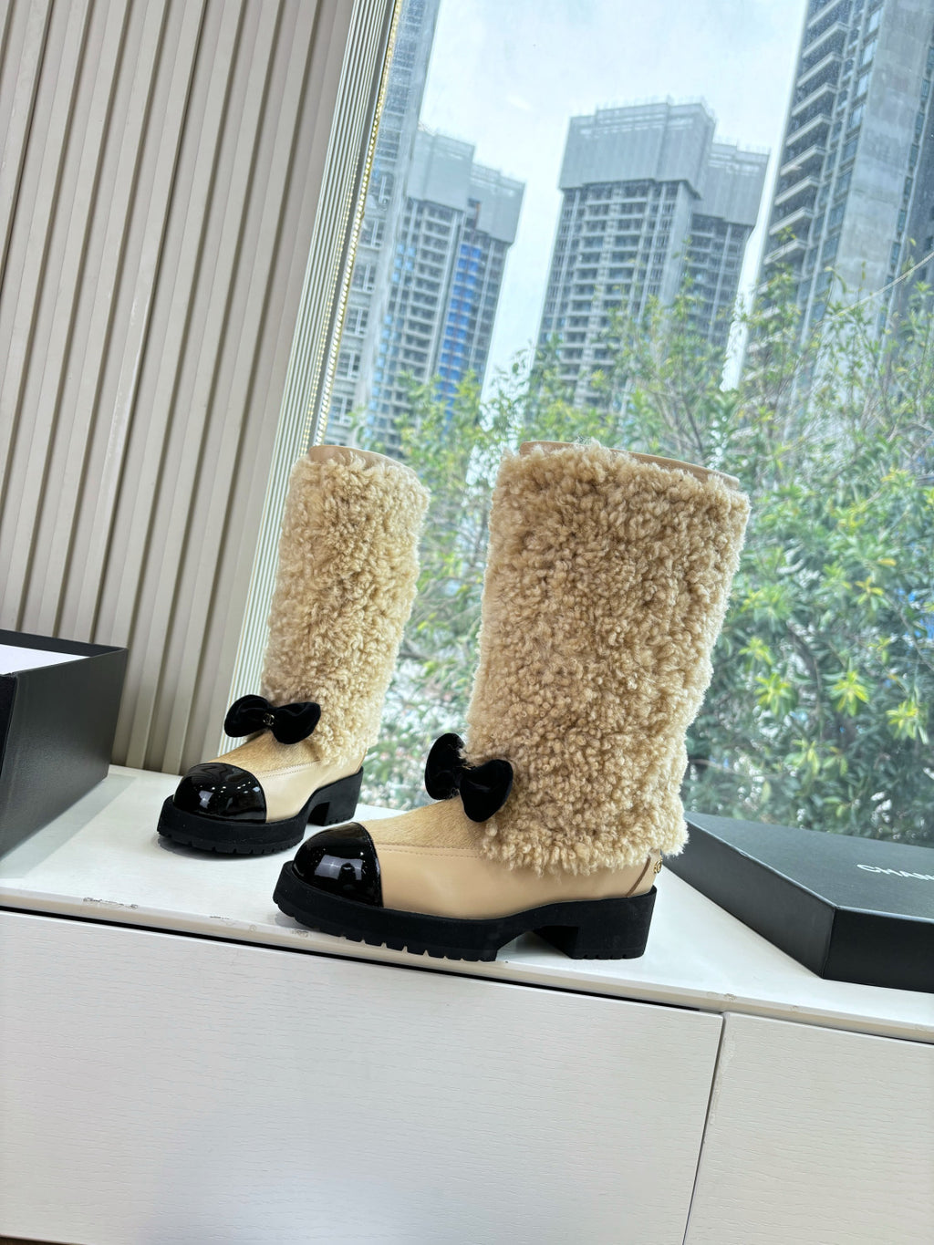 Chanel High Boots Shearling Lambskin Calfskin Lambskin Patent Calfskin Beige Black #334245