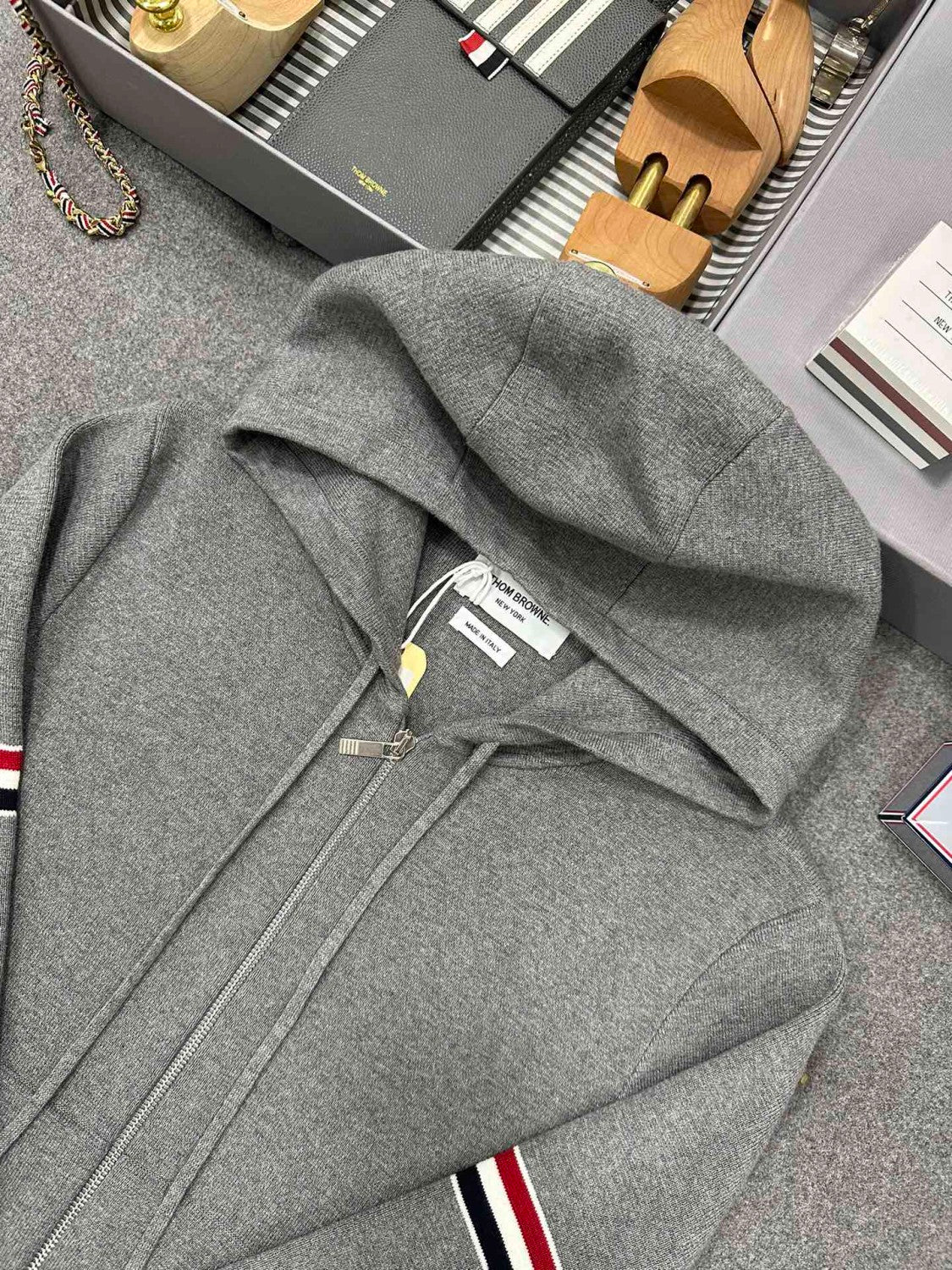 Thom Browne Men's Spring & Autumn Cotton Armband Embellished Solid Color Zipper Fitted Hooded Cardigan Jacket Ngvp #1943