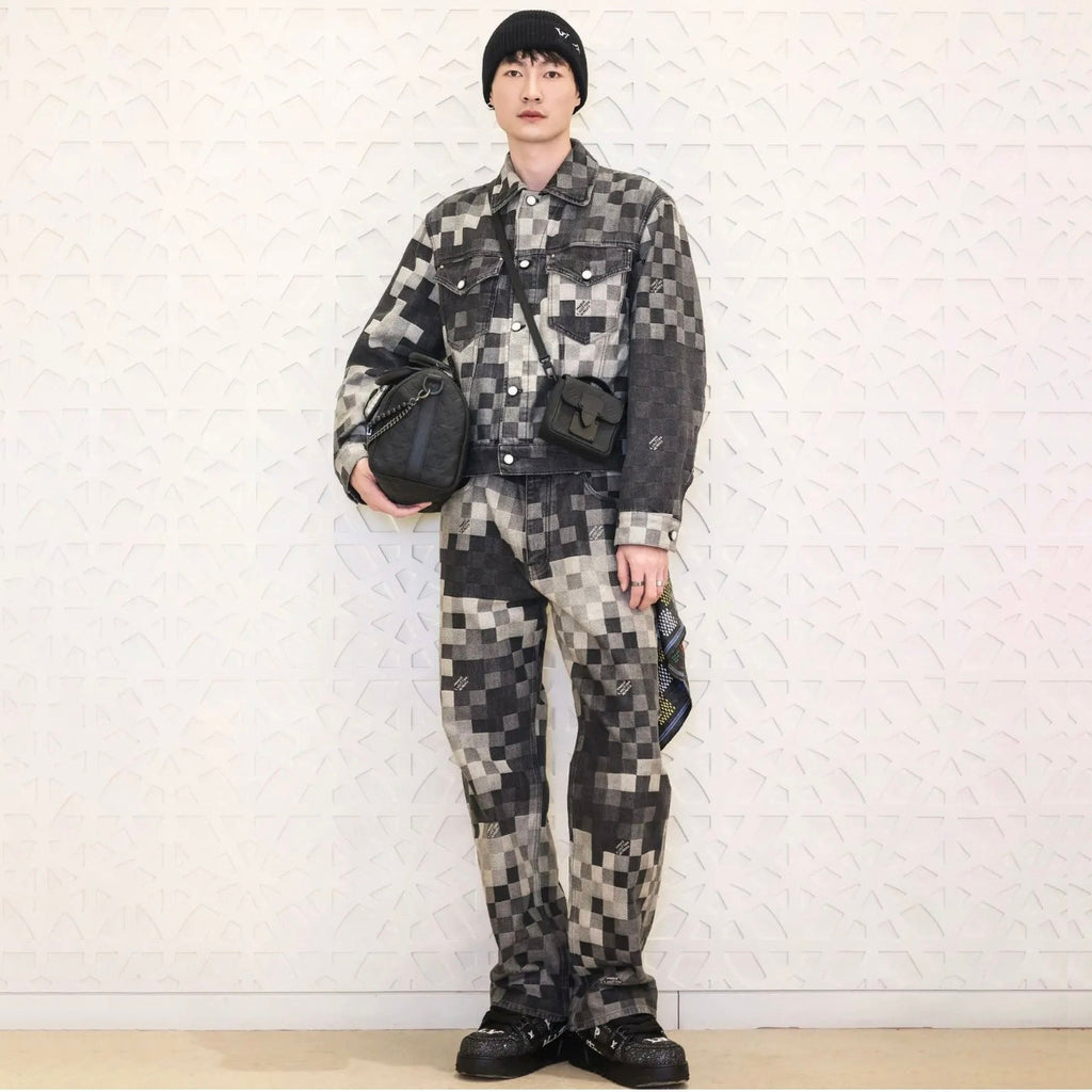 Louis Vuitton Men's Fall And Winter Black And White Plaid Old Print Single Breasted Long Sleeved Denim Jacket Straight Jeans Pants Suit Set #75477