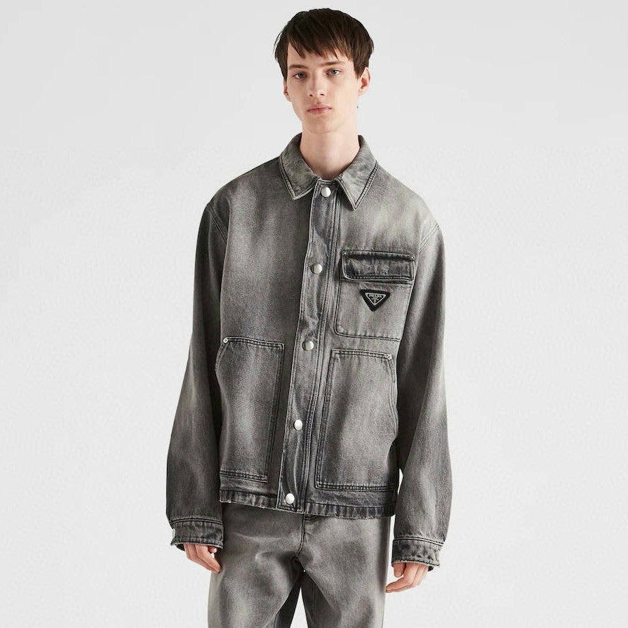 Prada Men's Spring/Autumn Solid Color Triangle Logo Single-Breasted Casual Denim Jacket #77989