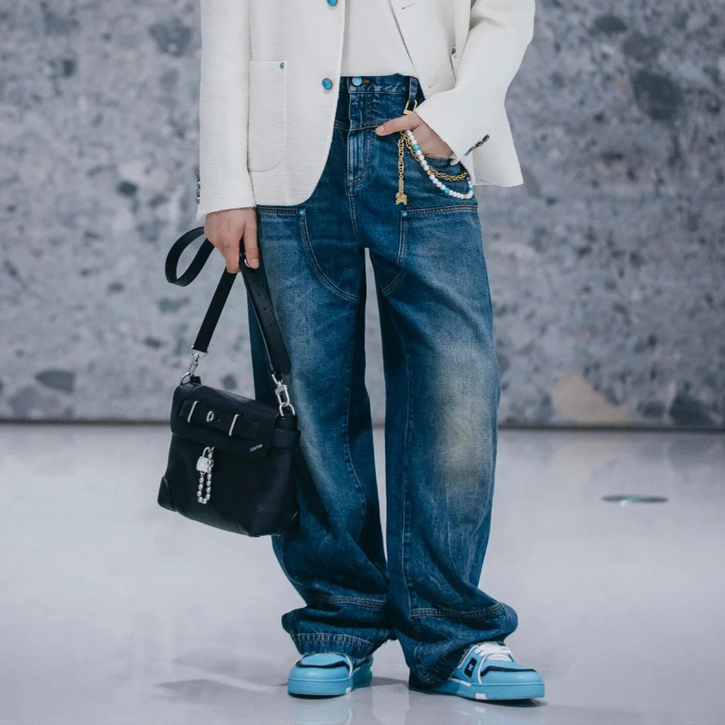 Louis Vuitton Men's Four Seasons Fashion Hole Retro High Street Old Washed Jeans Straight Wide Leg Pants  Ngvp #9131